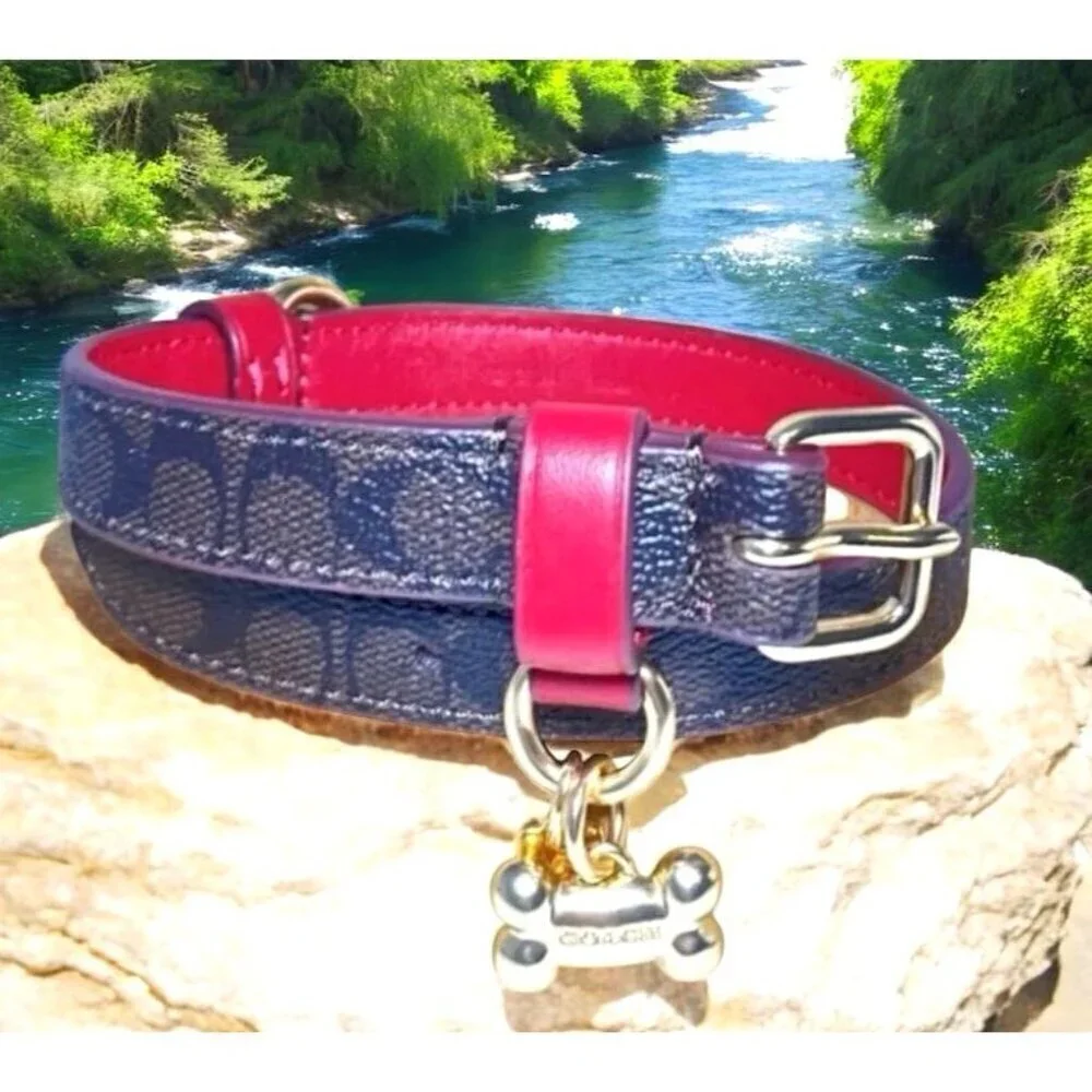 Coach Dog Collar + AirTag Brown Red Small Signature C w/ Apple Tag Tracker - Picture 4 of 11